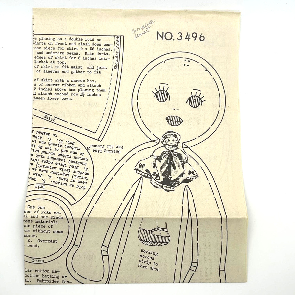 Vintage Old Fashion‎ Doll Pattern #3496 Finished Size Approximately 14" HTF RARE